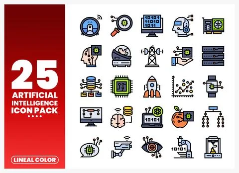 Artificial Intelligence Icons Set in Lineal Color Style Stock Illustration