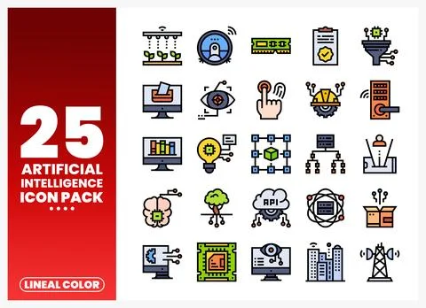 Artificial Intelligence Icons Set with Lineal Color Style Illustrazione stock