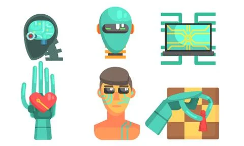Artificial Intelligence Icons Set, Robotic Cybernetic Technology Objects Vector Illustrazione stock