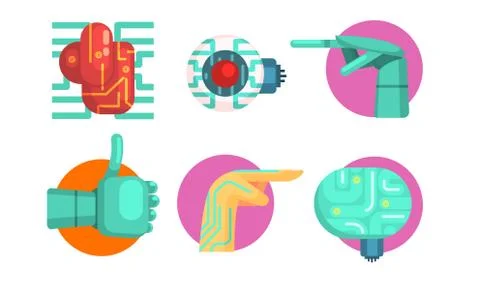 Artificial Intelligence Icons Set, Robotic Cybernetic and Technology Symbols Illustrazione stock