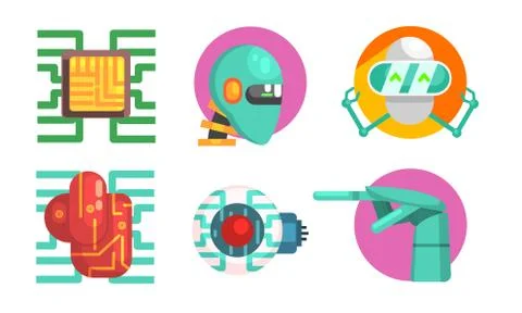 Artificial Intelligence Icons Set, Robotics and Technology Symbols Vector Illustrazione stock