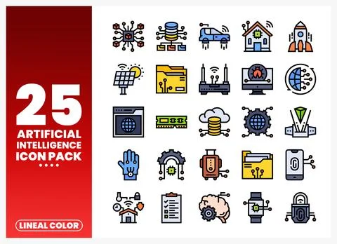 Artificial intelligence icons set with technology and data symbols. Digital.. Stock Illustration