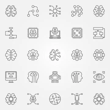 Artificial intelligence icons set. Vector robot, brain and other Stock Illustration