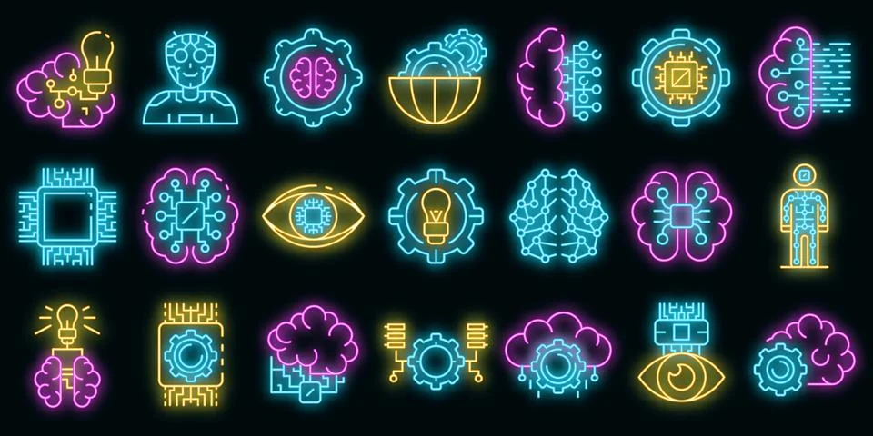 Artificial intelligence icons set vector neon Stock Illustration