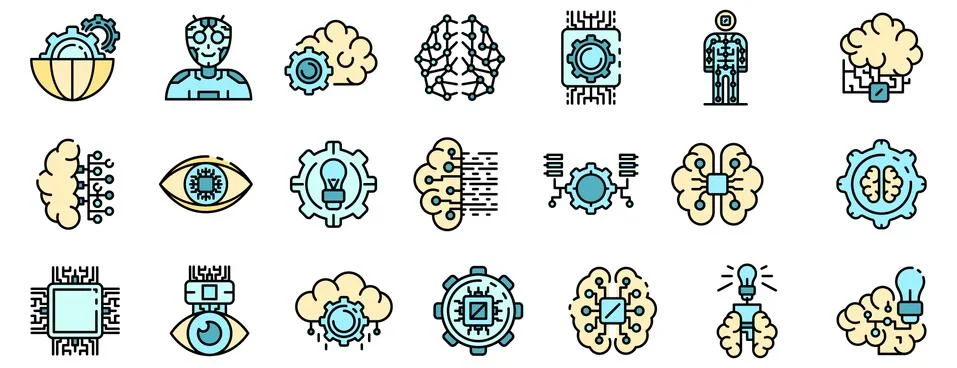 Artificial intelligence icons set vector flat Stock Illustration
