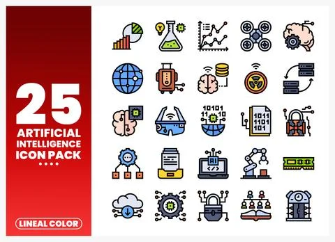 Artificial intelligence icons showcasing data analysis. brain. robotics. an.. Stock Illustration