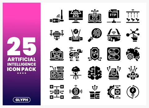 Artificial Intelligence Icons with Tech Symbols and Concepts Stock Illustration