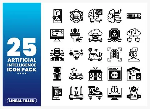 Artificial Intelligence icons technology. data. and automation. Lineal fill.. Stock Illustration