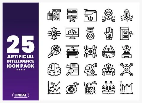 Artificial Intelligence Icons with technology symbols. Set of lineal icons .. 스톡 일러스트