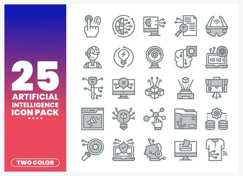 Artificial intelligence icons in a two-color line art style on a gradient b.. Stock Illustration
