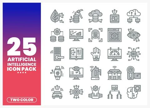 Artificial Intelligence Icons in Two Colors 스톡 일러스트