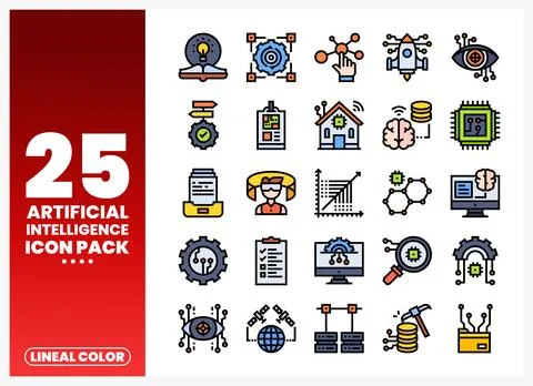Artificial Intelligence icons on white background in lineal color design Stock Illustration