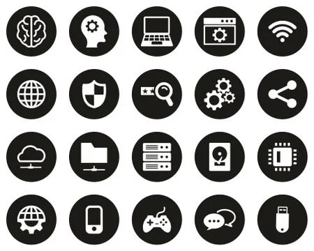 Artificial Intelligence Icons White On Black Flat Design Circle Set Big 스톡 일러스트
