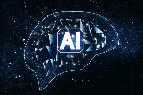 Artificial intelligence. Illustration of brain with AI abbreviation on dark.. Stock Photos