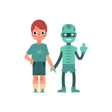 Artificial intelligence image of boy and his robotic friend holding each other Stock Illustration