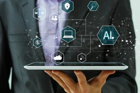 Artificial Intelligence Industry. Integration Computing Concept. Man presses Stock Photos