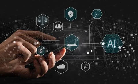 Artificial Intelligence Industry. Integration Computing Concept. Man presses Stock Photos