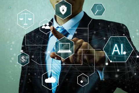 Artificial Intelligence Industry. Integration Computing Concept. Man presses 스톡 사진