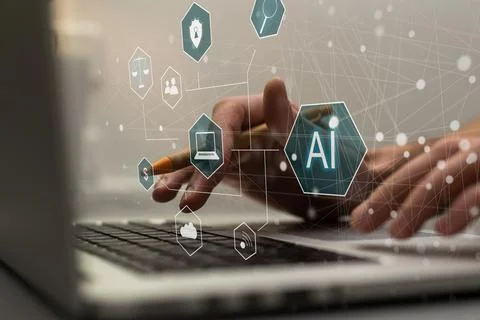 Artificial Intelligence Industry. Integration Computing Concept. Man presses Stock Photos