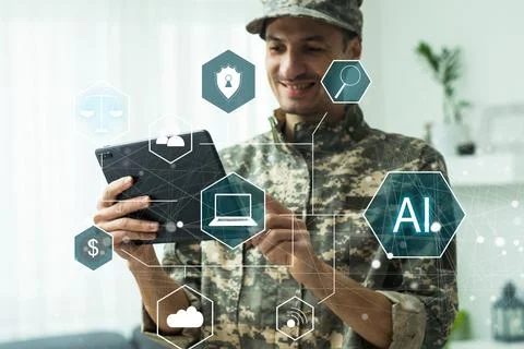 Artificial Intelligence Industry. Integration Computing Concept. Man presses Stock Photos