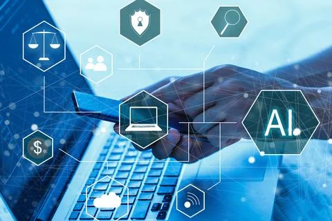 Artificial Intelligence Industry. Integration Computing Concept. Man presses Stock Photos