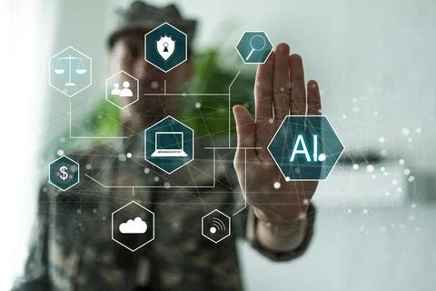 Artificial Intelligence Industry. Integration Computing Concept. Man presses Stock Photos