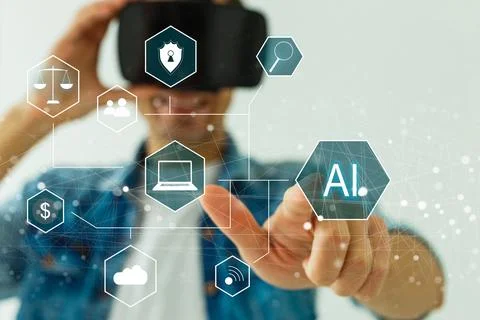 Artificial Intelligence Industry. Integration Computing Concept. Man presses Stock Photos