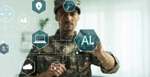 Artificial Intelligence Industry. Integration Computing Concept. Man presses 库存照片