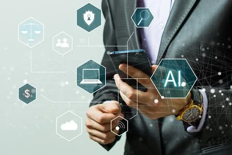 Artificial Intelligence Industry. Integration Computing Concept. Man presses 스톡 사진