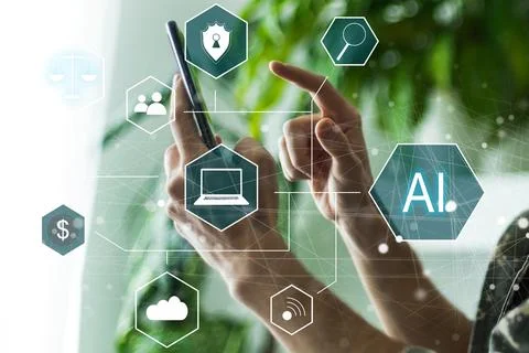 Artificial Intelligence Industry. Integration Computing Concept. Man presses Stock Photos