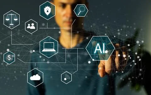 Artificial Intelligence Industry. Integration Computing Concept. Man presses Stock Photos