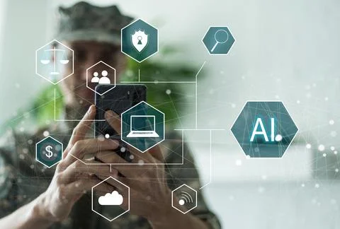 Artificial Intelligence Industry. Integration Computing Concept. Man presses Stock Photos