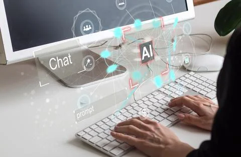 Artificial Intelligence Industry. Integration Computing Concept. Man presses Stock-Fotos