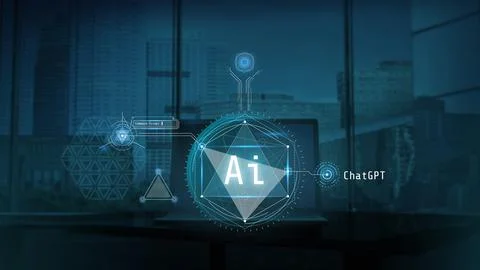 Artificial intelligence infographic projected in front of a laptop. Stock Illustration