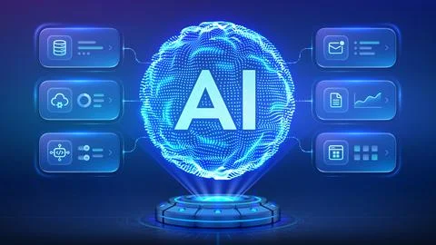 Artificial intelligence integration concept. AI sphere connecting digital sys Stock Illustration