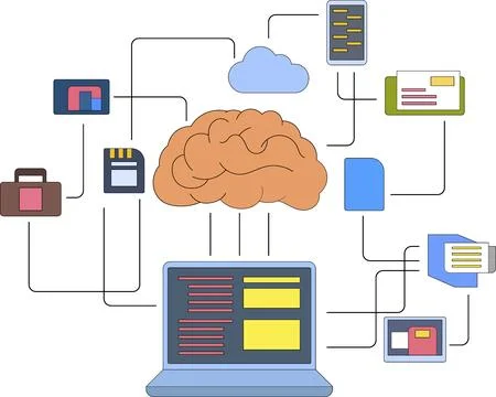 Artificial Intelligence Integration Diagram Connecting Brain to Multiple Di.. 스톡 일러스트