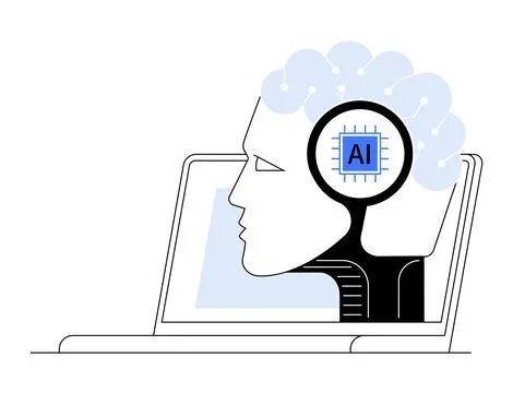 Artificial Intelligence Integration in Human Brain with Technology Symbol o.. Illustrazione stock