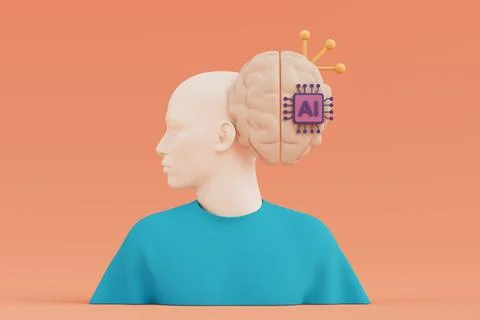 Artificial Intelligence Integration In Human Mind. Stylized Head With Brain.. Stockillustratie