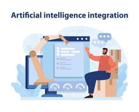 Artificial Intelligence Integration. Man interacting with AI and data analytics Stock Illustration