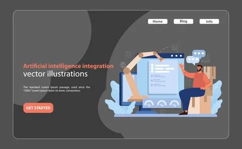 Artificial Intelligence Integration. Man interacting with AI and data analytics Stock Illustration