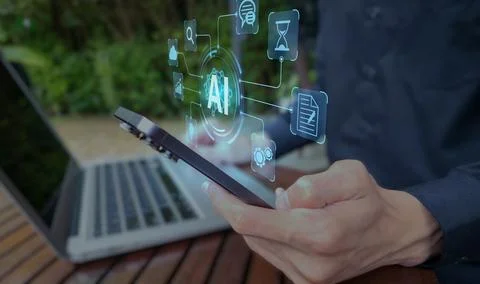 Artificial Intelligence Integration in Mobile and Laptop Technology Stock Photos