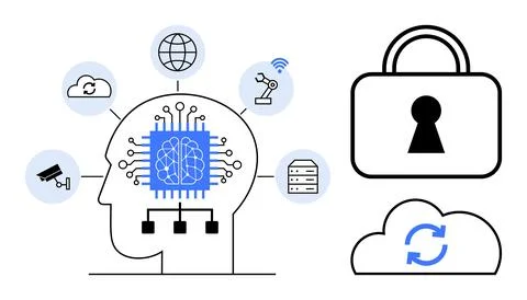 Artificial Intelligence Integration in Technology and Security with Human B.. Stock Illustration