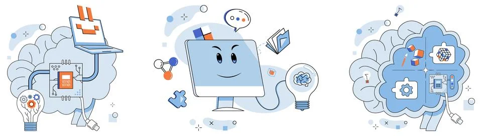 Artificial intelligence. Intelligent bots navigate sea data, guided by compass Stock Illustration