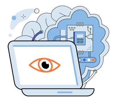 Artificial intelligence. Intelligent bots navigate sea data, guided by compass Stock Illustration