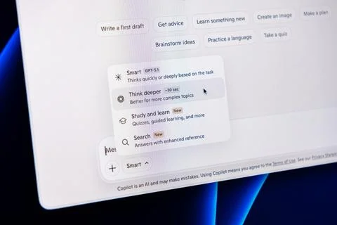 Artificial intelligence interface screen displaying a choice between reasoning Stock Photos