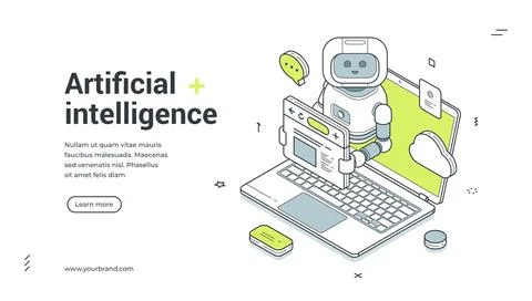 Artificial intelligence isometric banner. Robot chatbot assistant on laptop f イラスト素材