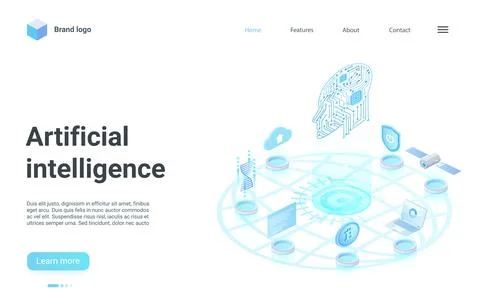 Artificial intelligence isometric landing page design, 3d abstract digital human 스톡 일러스트