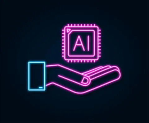 Artificial Intelligence landing page. Ai neon icon with hands. Website template Stock Illustration