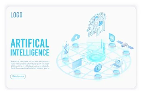 Artificial intelligence landing page isometric vector template. Head with 스톡 일러스트