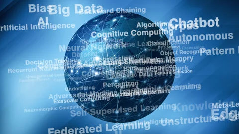 Artificial intelligence lettering and world globe exploring intersection of ai Stock Footage 270183262